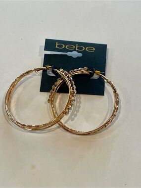 bebe Gold Tone Textured Beaded Hoop Earrings